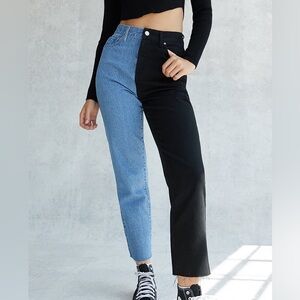 Two-Tone Black and Blue Straight Leg Jeans